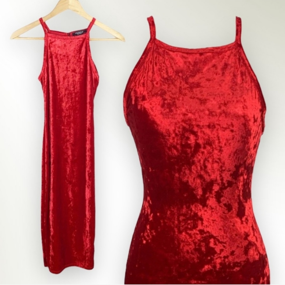 Joe & Elle Crushed Velvet Red Bodycon Midi Dress Size XS/ S